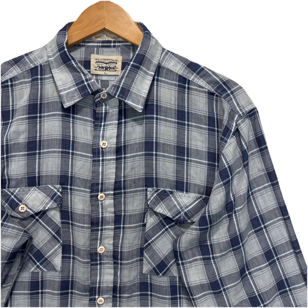 VTG Rare LEVIs Button Dress Shirt sz L Blue Madras Plaid 70 Light Korea Made - Picture 1 of 9